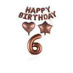 Kahverengi Renk Happy Bırthday Rakam Kalp Yıldız Folyo Balon Seti Yaş 6