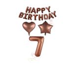 Kahverengi Renk Happy Bırthday Rakam Kalp Yıldız Folyo Balon Seti Yaş 7