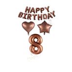 Kahverengi Renk Happy Bırthday Rakam Kalp Yıldız Folyo Balon Seti Yaş 8