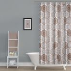 Kahverengi Şal Desen Duş Perdesi-12 Adet C Halka Hediye Banyo Perdesi, Geometrik Desen Küvet Perdesi - 180 x 200 cm - Açık Camel
