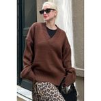 Kahverengi V Yaka Oversize Kadın Triko Kazak MG2149 - L