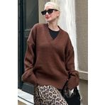 Kahverengi V Yaka Oversize Kadın Triko Kazak MG2149