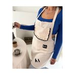 KaiAtelier Natural Keten Kumaş Nakışlı Fırfırlı Cepli Mutfak Önlüğü / Aşçı Önlüğü