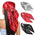Kajeer 3 adet baş örtüsü, ipek şal, kadınlar için, 90 x 90 cm, büyük Guadratik zarif şallar, kadınlar için şal, saten bandana, kız çocukları için saç süsü, Kaju (siyah/beyaz/kırmızı), 35 x 35
