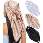 Kajeer 3 adet baş örtüsü, ipek şal, kadınlar için, 90 x 90 cm, büyük Guadratik zarif şallar, kadınlar için şal, saten bandana, kız çocukları için saç süsü, Tek renkli (siyah/camel/beyaz), 35 x 35