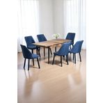 Kaktüs Avm Luna Ceviz 80 x 132 Açılabilen MDF Masa Siyah Metal Ayaklı Mutfak Masası 6 Lacivert Sandalye