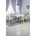 Kaktüs Avm Sera Beyaz 80 x 132 Açılabilen MDF Masa Beyaz Metal Ayaklı Mutfak Masası 6 Krem Desen Sandalye