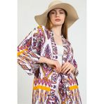 Kaktüs Viskon Empirme Kumaş Lila Etnik Desen Kısa Kadın Kimono