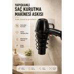 KaktüsKedi Yapışkanlı Saç Kurutma Makinesi Askısı Siyah Paslanmaz Metal Spiral Fön Makinesi Tutucu - Delmeden Montaj