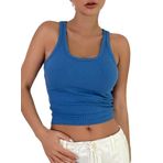 Kalın Askılı U Yaka Mavi Renk Fitilli Crop Top Bluz (Mavi, S)