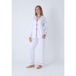 Kalp Nakışlı Pamuklu Uzun Kollu Kadın Pijama Takımı - Beyaz
