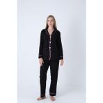 Kalp Nakışlı Pamuklu Uzun Kollu Kadın Pijama Takımı - Siyah - 2XL