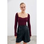 Kalp Yaka Triko Bluz - Bordo - Standart