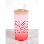 Kalpler Baskılı 600 ml Cam Matara- Su Matarası, Suluk Matara, Cam Pipetli Matara