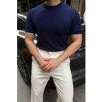 Kama Erkek Bisiklet Yaka Pamuk Regular Fit Kısa Kollu İnce Triko Tişört Lacivert XL