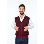 Kamalı Bordo Erkek Çelik Örgü Düğmeli Cepli Kazayağı Desen Tüylenmeyen Triko Kışlık Kazak Yelek