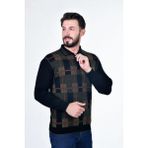 Kamalı Erkek Çelik Örgü Ekose Desenli Gömlek Yaka Fermuarlı Polo Yakalı Tüylenmez Triko Kışlık Baba Kazak - Siyah - XL