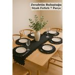 KAMİZ Siyah Fırfırlı Keten Runner & 6'lı Fıfırlı Supla Seti - 7 Parça Çeyiz Seti