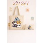 Kampanyalı 5’li Sevimli Kedi Baskılı Bez Çanta & Fermuarlı Bez Kalemlik Ikili Set - Bej