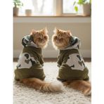 Kamuflaj Desenli Kedi Tulumu | Kapüşonlu | Pamuklu Polar Kumaş | Haki Yeşil