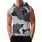Kamuflaj Hooeded kolsuz T shirt erkekler için artı boyutu siyah Tank Top spor yelek fantezi koşu spor Tee gömlek cep, gri, M