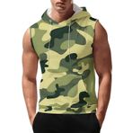 Kamuflaj Hooeded kolsuz T shirt erkekler için artı boyutu siyah Tank Top spor yelek fantezi koşu spor Tee gömlek cep, yeşil, L