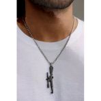 Kanas Tüfek Figürlü Gümüş Renk Çelik Zincir Kolye 60 Cm Unisex