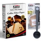 Kanji Kahve Filtre Kağıdı No:2 (1x2) 80'li + Klipsli Çay Kahve Ölçü Kaşığı | Gri Demleme Seti | Ağartılmamış Doğal Kağıt | 1-6 Fincan Uyumlu
