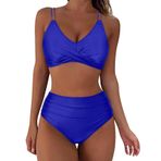 Kanpola A Mavi Dolgulu Karın Bölgesi Mayo Çapraz Modası İki Parçalı Mayo Yüksek Belli Bikini Altı Plaj Yaz Üst Kadın Bikini Seti