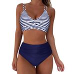 Kanpola B Koyu Mavi Dolgulu Karın Bölgesi Mayo Çapraz Modası İki Parçalı Mayo Yüksek Belli Bikini Altı Plaj Yaz Üst Kadın Bikini Seti