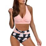 Kanpola B Sırt Çapraz İki Parçalı Mayo Tarz Yüksek Bel Karın Bölgesi Renk Geçişi Push Up Seksi 2 Parçalı Pembe Plaj Bikini Kadın Seti