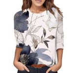 Kanpola baskılı kadın tişörtü, yuvarlak yaka, bluz, tunik, 3/4 kollu, gömlek, yazlık tişört, genç, kız spor tişörtü, çiçek desenli, gündelik, bol üstler, şık spor tişört, üst giyim, Beyaz-f, L