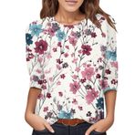 Kanpola baskılı kadın tişörtü, yuvarlak yaka, bluz, tunik, 3/4 kollu, gömlek, yazlık tişört, genç, kız spor tişörtü, çiçek desenli, gündelik, bol üstler, şık spor tişört, üst giyim, Pembe-b, S