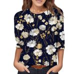Kanpola baskılı kadın tişörtü, yuvarlak yaka, bluz, tunik, 3/4 kollu, gömlek, yazlık tişört, genç, kız spor tişörtü, çiçek desenli, gündelik, bol üstler, şık spor tişört, üst giyim, Siyah-f, XL