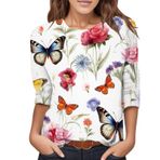 Kanpola baskılı kadın tişörtü, yuvarlak yaka, bluz, tunik, 3/4 kollu, gömlek, yazlık tişört, genç, kız spor tişörtü, çiçek desenli, gündelik, bol üstler, şık spor tişört, üst giyim, Turuncu-F, XL