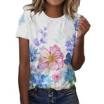 Kanpola Bluz Kadın Kısa Kollu Tişört Yuvarlak Yaka Karalama Çiçek Baskılı Tunik Bluz Gömlek Moda İlkbahar Yaz Kadın Bluz Büyük Beden Bol Bluz Bluz Üst, Lila-a, S