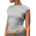 Kanpola Bluz Kadın Seksi Sırtı Açık Crop Tops Yuvarlak Yaka Kısa Kollu Tişört Tek Renkli Sweatshirt Yazlık Tişört Kadın Gömlek Bluz Slim Fit Bluz Üst Giyim, Gri-a, XS