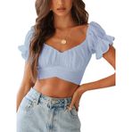 Kanpola bluz kadın tişörtü, kısa kollu, V yaka, Crop Tops yazlık tişört, üst giyim, bandajlı, şık yazlık tişört, kadın bluzu, gömlek bluz, puf kollu, E - Açık Mavi, XL