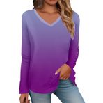 Kanpola bluz kadın uzun kollu sweatshirt moda renk geçişli tunik gömlek ilkbahar yaz V yaka kazak kadın tunik üst giyim şık bol bluz tişört üst giyim, 1-lila, L