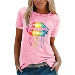 Kanpola bluz, kadın, yazlık, yuvarlak yaka, büyük beden, üst giyim, renkli, dudak baskılı, kısa kollu bluz, üst, genç, kız spor tişörtü, basic tişört, bol bluz, bluz, kadın modası, B-pembe, L
