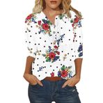 Kanpola bluz kadın zarif 3/4 kollu sweatshirt çiçek baskılı tunik gömlek ilkbahar yaz V yaka gündelik üst giyim düğmeli dar kesim gömlek bluz üst giyim, Beyaz-c, XL