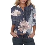 Kanpola bluz kadın zarif 3/4 kollu sweatshirt çiçek baskılı tunik gömlek ilkbahar yaz V yaka gündelik üst giyim düğmeli dar kesim gömlek bluz üst giyim, Lila-a, M