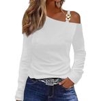 Kanpola Bluz Kadın Zarif Kutlama Sweatshirt Seksi Omuz Açık Tunik Üst Tek Renkli Uzun Kollu Tişört İlkbahar Yaz Üst Parça Slim Fit Gömlek Bluz Tişört, Beyaz, M