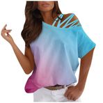 Kanpola bluz tişört, kadın, seksi, omzu açık, kısa kollu, üst, moda, renkli, baskılı, bol, tunik, bluz, tişört, genç kız spor tişörtü, yazlık tişört, rahat bol tişört, üst kısım, Açık Mavi-d, L
