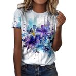 Kanpola bluz tişört, kadın, yuvarlak yaka, kısa kollu, moda, kelebek baskılı, tunik bluz, tişört, yazlık tişört, basic gömlek, bol bluz, plaj üst giyim, 3 lila, M
