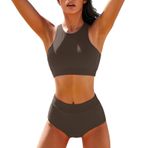 Kanpola büstiyer bikini kadın Push up seksi 2 parçalı bikini iki parçalı mayo spor mayo karın kapalı mayo yüksek bel bikini altı mayo plaj modası, Kahve-A, M