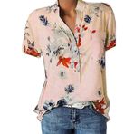 Kanpola C Pembe Gömlek Tarz Uzun Kısa Kollu Çiçek Baskılı Tunik Yazlık Üst Giyim Yakalı Gündelik A Bluz Tarz Kadın T-shirt