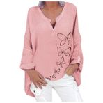 Kanpola Damen Sweatshirts Bluz, büyük beden, uzun kollu tişört, baskılı kazak, V yaka, bol gömlek, ilkbahar, yaz, boş zaman, üst giyim, üst giyim, N - Pembe, L