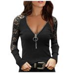 Kanpola Damen Sweatshirts Kazak, parıltılı, stras taşlı, bluz, V yaka, dantelli, uzun kollu tişört, ilkbahar, yaz, şık gömlek, dar kesim, üst, D – Siyah., M