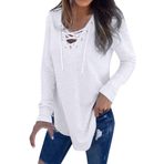Kanpola Damen Sweatshirts Seksi zarif derin V yaka uzun kollu üst parça gömlek tişört ilkbahar yaz kazak bağcıklı gömlek bol uzun tunik bluz üst giyim nefes alır tişört, Beyaz #2, XXL